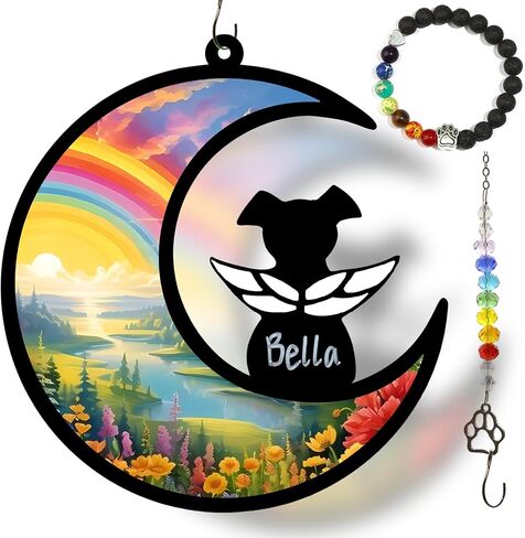 Dog Memorial Suncatcher ، مجموعة هدية مخصصة لخسارة الحيوانات الأليفة مع بطاقة تعاطف واحدة لبطاقة ذكرى الكلاب ، سوار واحد لتوفير الحزن ، ملاك معلق ، حزمة جاهزة للهدية (Rainbow River) in Kuwait