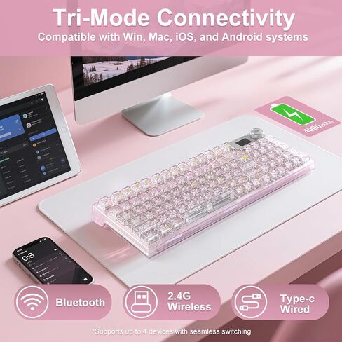 F98pro 95Key Hot-Swappable Mechanical Keyboard with Transparent Keycaps,BT5.0/2.4G/USB-C Mechanical Keyboard with OLED Display,RGB Backlit Gaming Keyboard with Clear Keycaps,4000mAh,Black in Kuwait