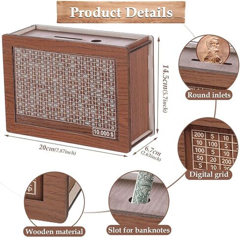 10000 Savings Challenge Box,Cash Vault Wooden Savings Box,Money Saving Box,Wooden Bank Coin Bank with Counting Target,Wooden Money Box with Money Target and Numbers (1) in Saudi Arabia