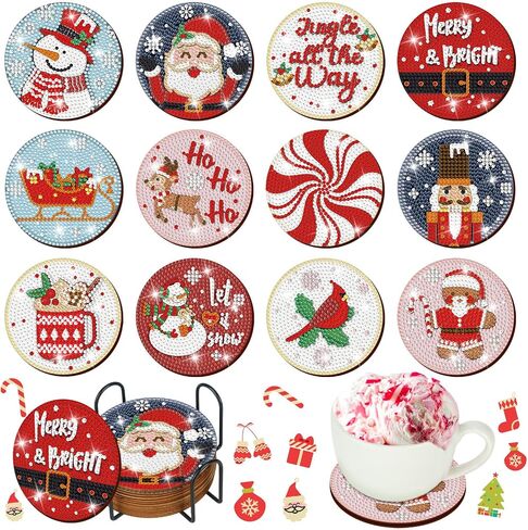 12 PCS Christmas Diamond Art Coasters Classic Christmas Elements Diamond Painting Coasters مع Holder Xmas Crafts for البالغين DIY (Santa Claus) in Kuwait