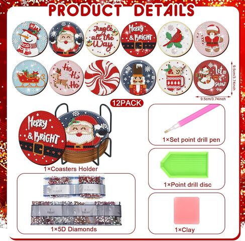 12 PCS Christmas Diamond Art Coasters Classic Christmas Elements Diamond Painting Coasters مع Holder Xmas Crafts for البالغين DIY (Santa Claus) in Kuwait