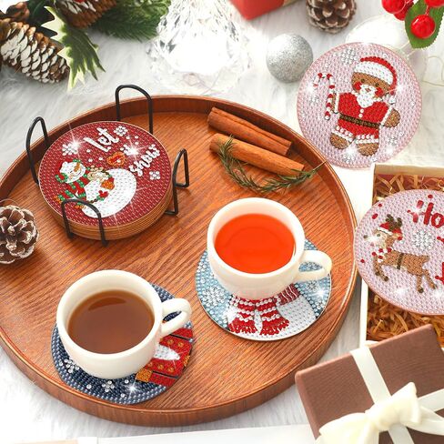12 PCS Christmas Diamond Art Coasters Classic Christmas Elements Diamond Painting Coasters مع Holder Xmas Crafts for البالغين DIY (Santa Claus) in Kuwait