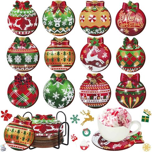 12 Pcs Christmas Diamond Art Coasters Classic Christmas Elements Diamond Painting Coasters with Holder Xmas Crafts for Adults Kids DIY(Santa Claus) in Kuwait