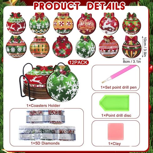 12 Pcs Christmas Diamond Art Coasters Classic Christmas Elements Diamond Painting Coasters with Holder Xmas Crafts for Adults Kids DIY(Santa Claus) in Kuwait