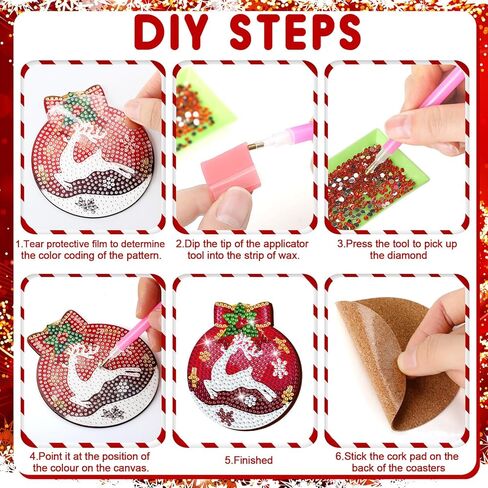 12 Pcs Christmas Diamond Art Coasters Classic Christmas Elements Diamond Painting Coasters with Holder Xmas Crafts for Adults Kids DIY(Santa Claus) in Kuwait