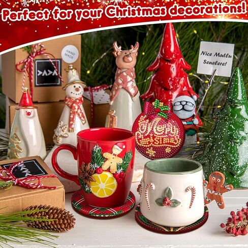 12 Pcs Christmas Diamond Art Coasters Classic Christmas Elements Diamond Painting Coasters with Holder Xmas Crafts for Adults Kids DIY(Santa Claus) in Kuwait