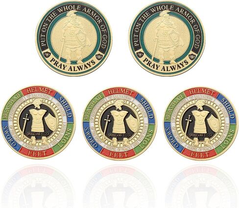 5 PCS Armor of God Coins ، مجموعة التحديات العملات العادية ، درع الله الكامل الرموز الدينية لدراسة الكتاب المقدس المسيحية والهدايا العسكرية in Kuwait