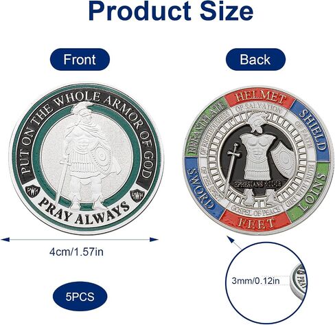 5 PCS Armor of God Coins ، مجموعة التحديات العملات العادية ، درع الله الكامل الرموز الدينية لدراسة الكتاب المقدس المسيحية والهدايا العسكرية in Kuwait