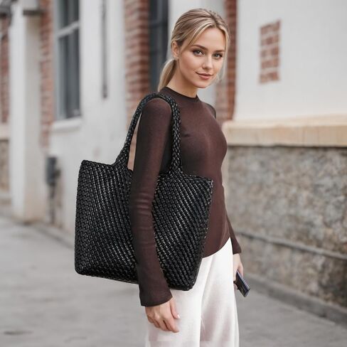 Woven Tote Bag for women,Vegan Leather Woven Handbag, Shoulder bag with Pouch, fits13-14" laptops in Kuwait