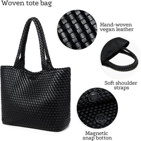 Woven Tote Bag for women,Vegan Leather Woven Handbag, Shoulder bag with Pouch, fits13-14" laptops in Kuwait