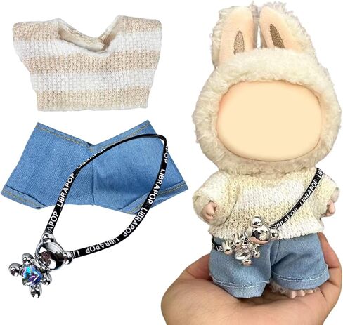 17cm Doll Clothes | Fashion Kawaii Chic Style Set for Dolls | 3-Piece Outfit with Knitted Striped Top, Blue Jeans & Bear Backpack (NO Doll) in Kuwait