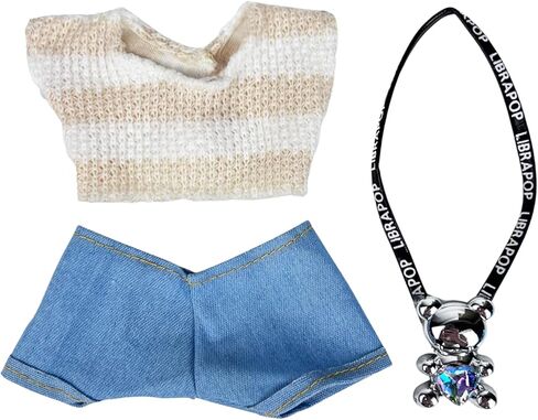 17cm Doll Clothes | Fashion Kawaii Chic Style Set for Dolls | 3-Piece Outfit with Knitted Striped Top, Blue Jeans & Bear Backpack (NO Doll) in Kuwait