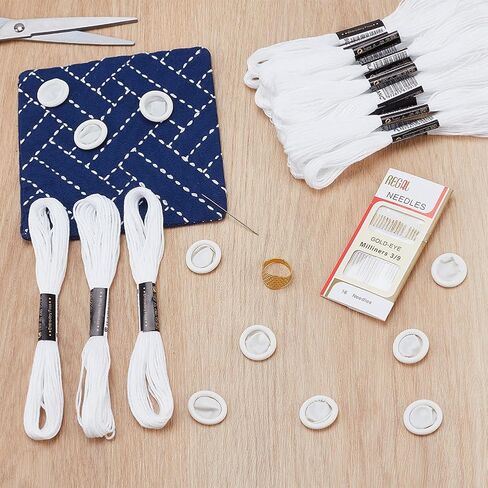 FREEBLOSS 48Pcs Sashiko Kit 16 Sashiko Needles 2 Thimbles 10 Finger Protector and 20 White Sewing Thread Quilting Craft Accessories DIY Sewing Tools for Embroidery in Saudi Arabia