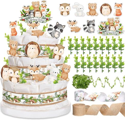 Woodland Baby Shower Decorations DIY Diaper Cake Kit with Neutral Forest Animal Burlap Sage Green Leaf Ribbon Leaves Welcome Baby Gender Reveal Party Decor Mommy Gift(Card) in Saudi Arabia
