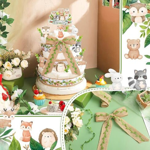 Woodland Baby Shower Decorations DIY Diaper Cake Kit with Neutral Forest Animal Burlap Sage Green Leaf Ribbon Leaves Welcome Baby Gender Reveal Party Decor Mommy Gift(Card) in Saudi Arabia