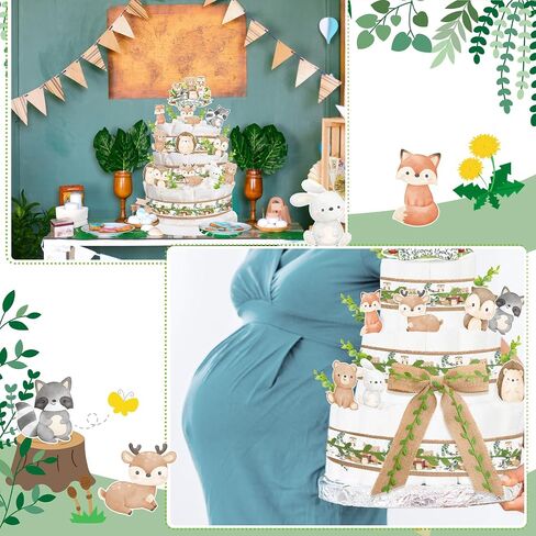 Woodland Baby Shower Decorations DIY Diaper Cake Kit with Neutral Forest Animal Burlap Sage Green Leaf Ribbon Leaves Welcome Baby Gender Reveal Party Decor Mommy Gift(Card) in Saudi Arabia
