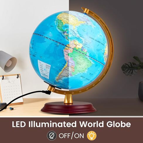 Goplus 8 Inch Illuminated World Globe, Night Light up Globe Lamp with Wooden Stand and HD Map for Kids Adults Home Office School, Desktop Decoration, Educational Learning Gift for Boys Girls (Blue) in Saudi Arabia