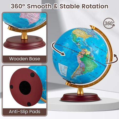 Goplus 8 Inch Illuminated World Globe, Night Light up Globe Lamp with Wooden Stand and HD Map for Kids Adults Home Office School, Desktop Decoration, Educational Learning Gift for Boys Girls (Blue) in Saudi Arabia