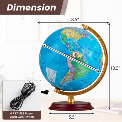 Goplus 8 Inch Illuminated World Globe, Night Light up Globe Lamp with Wooden Stand and HD Map for Kids Adults Home Office School, Desktop Decoration, Educational Learning Gift for Boys Girls (Blue) in Saudi Arabia