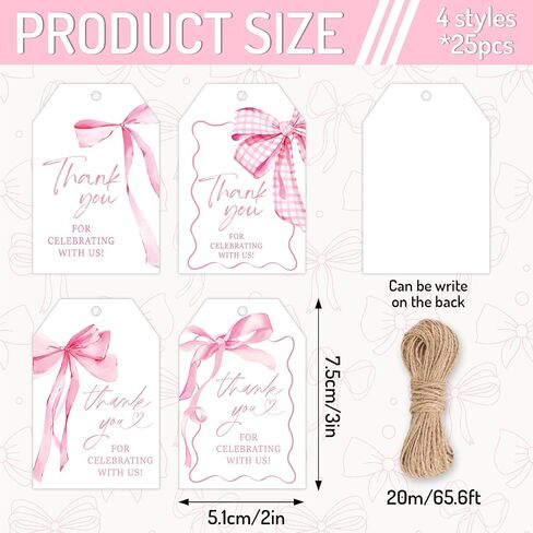 100 Pcs Pink Bow Thank You Paper Gift Tags Watercolor Coquette Bowknot Blank Tags Hanging Labels with Hemp Rope for Birthday Baby Shower Bachelorette Present DIY Crafts in Saudi Arabia
