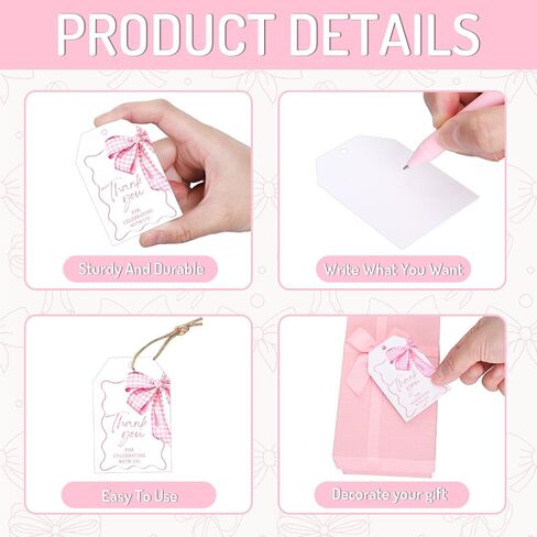 100 Pcs Pink Bow Thank You Paper Gift Tags Watercolor Coquette Bowknot Blank Tags Hanging Labels with Hemp Rope for Birthday Baby Shower Bachelorette Present DIY Crafts in Saudi Arabia