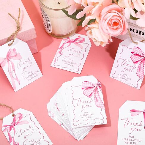 100 Pcs Pink Bow Thank You Paper Gift Tags Watercolor Coquette Bowknot Blank Tags Hanging Labels with Hemp Rope for Birthday Baby Shower Bachelorette Present DIY Crafts in Saudi Arabia
