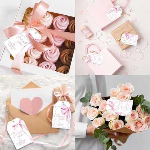 100 Pcs Pink Bow Thank You Paper Gift Tags Watercolor Coquette Bowknot Blank Tags Hanging Labels with Hemp Rope for Birthday Baby Shower Bachelorette Present DIY Crafts in Saudi Arabia