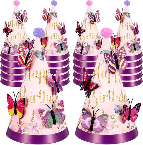 12 Sets Butterfly Birthday Hats with Pom Poms and 3D Butterfly Stickers Party Decorations Paper Cone Hats for Adults Birthday Baby Shower Party Supplies in Saudi Arabia