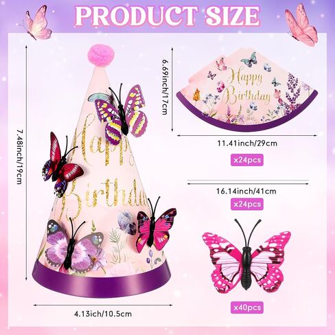 12 Sets Butterfly Birthday Hats with Pom Poms and 3D Butterfly Stickers Party Decorations Paper Cone Hats for Adults Birthday Baby Shower Party Supplies in Saudi Arabia