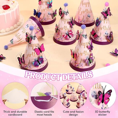 12 Sets Butterfly Birthday Hats with Pom Poms and 3D Butterfly Stickers Party Decorations Paper Cone Hats for Adults Birthday Baby Shower Party Supplies in Saudi Arabia