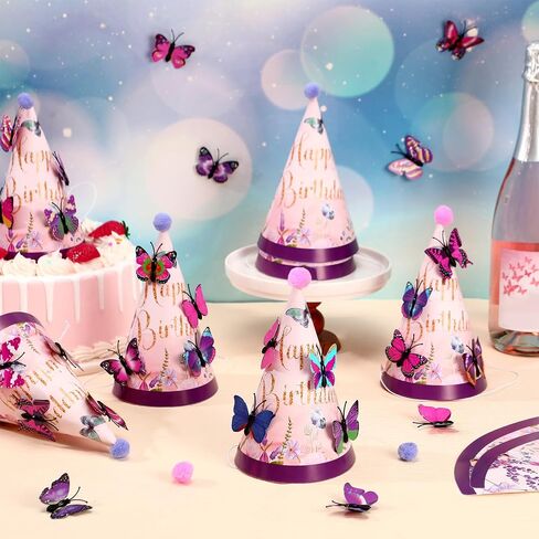 12 Sets Butterfly Birthday Hats with Pom Poms and 3D Butterfly Stickers Party Decorations Paper Cone Hats for Adults Birthday Baby Shower Party Supplies in Saudi Arabia