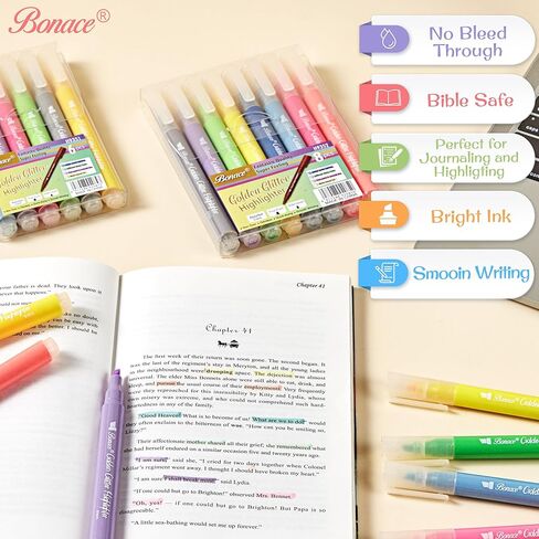 Bonace 12pcs Glitter Highlighters ، علامات تمييز Glitter Highlight ، ألوان متنوعة من النزاعات - لا يوجد نصيحة إزميل نزيف ، لمخطط اليومية ، مؤلف الكتاب المقدس ، دفتر ملاحظات （شظية بريق） in Kuwait