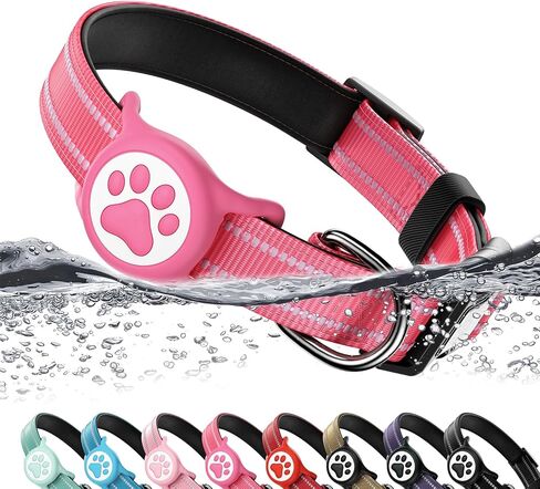 Airtag Dog Collar, Reflective Ultra-Durable Nylon Padded with QR Code Buckle & IP68 Waterproof Air Tag Holder Compatible for Apple AirTag, Comfortable for Small Medium Large Dogs(Hot Pink,S) in Saudi Arabia