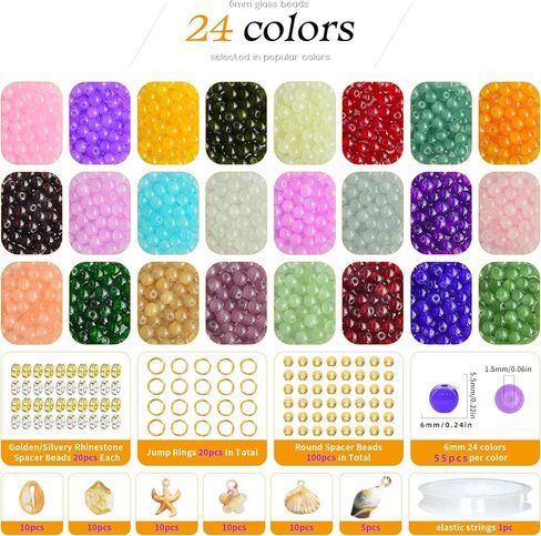 Laopottbeads مع السحر تحت عنوان الشاطئ 1320pcs حبات زجاجية 6 مم لعدة سوار صنع سوار ، و 24 لونا من الخرز الكريستال مع فواصل للحرف المجوهرات DIY ، هدية رائعة للفتيات الذين تتراوح أعمارهم بين 6-12 in Kuwait