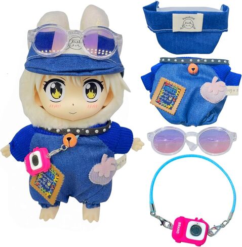 Doll Clothes for Labubu,4Pcs Cute Labubu Clothes Set, Includes Stylish Bodysuit, Cute hat, Pink Sunglasses, Mini Labubu Camera,17cm Labubu Accessories(No Doll) in Saudi Arabia