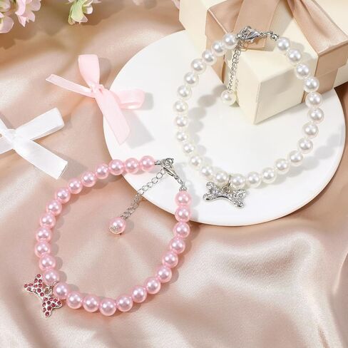 2pcs dog cat pearl jolar necklace with inhinestone bone ، jewely jews jews for girl cat pet pet dogs accessories bling (s ، pink ، white) in Kuwait