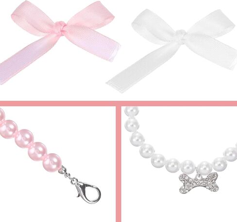 2pcs dog cat pearl jolar necklace with inhinestone bone ، jewely jews jews for girl cat pet pet dogs accessories bling (s ، pink ، white) in Kuwait