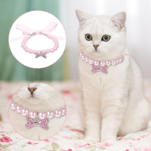 2pcs dog cat pearl jolar necklace with inhinestone bone ، jewely jews jews for girl cat pet pet dogs accessories bling (s ، pink ، white) in Kuwait