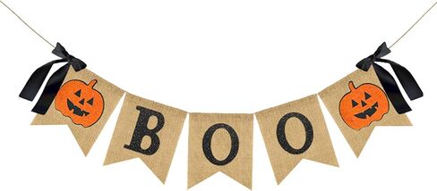 Whaline Halloween Burlap Banner Glitter Pumpkin Boo Bunting Flag with Bow Rustic Hanging Banner Garland for Halloween Farmhouse Mantel Fireplace Home Party Decoration Supplies in Saudi Arabia