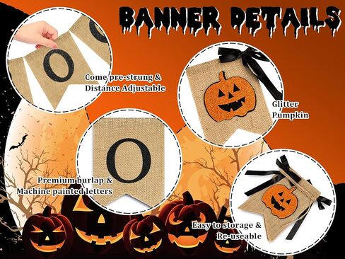 Whaline Halloween Burlap Banner Glitter Pumpkin Boo Bunting Flag with Bow Rustic Hanging Banner Garland for Halloween Farmhouse Mantel Fireplace Home Party Decoration Supplies in Saudi Arabia