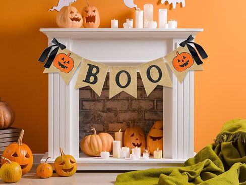 Whaline Halloween Burlap Banner Glitter Pumpkin Boo Bunting Flag with Bow Rustic Hanging Banner Garland for Halloween Farmhouse Mantel Fireplace Home Party Decoration Supplies in Saudi Arabia