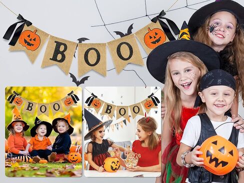 Whaline Halloween Burlap Banner Glitter Pumpkin Boo Bunting Flag with Bow Rustic Hanging Banner Garland for Halloween Farmhouse Mantel Fireplace Home Party Decoration Supplies in Saudi Arabia