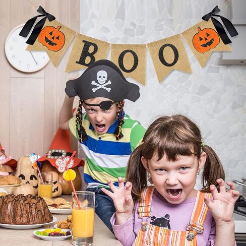 Whaline Halloween Burlap Banner Glitter Pumpkin Boo Bunting Flag with Bow Rustic Hanging Banner Garland for Halloween Farmhouse Mantel Fireplace Home Party Decoration Supplies in Saudi Arabia