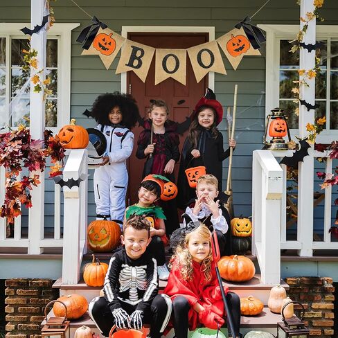 Whaline Halloween Burlap Banner Glitter Pumpkin Boo Bunting Flag with Bow Rustic Hanging Banner Garland for Halloween Farmhouse Mantel Fireplace Home Party Decoration Supplies in Saudi Arabia