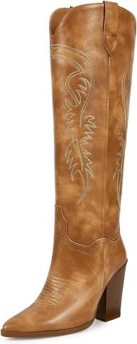 ISNOM أحذية رعاة البقر للنساء أحذية راعية البقر النساء الأحذية الغربية للنساء، أحذية راعية البقر للنساء أحذية عالية في الركبة النساء وأشار اصبع القدم أحذية مكتنزة للنساء واسعة الساق الأحذية الجانب سستة الأحذية الجلدية in Kuwait