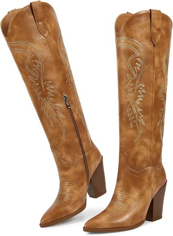 ISNOM أحذية رعاة البقر للنساء أحذية راعية البقر النساء الأحذية الغربية للنساء، أحذية راعية البقر للنساء أحذية عالية في الركبة النساء وأشار اصبع القدم أحذية مكتنزة للنساء واسعة الساق الأحذية الجانب سستة الأحذية الجلدية in Kuwait