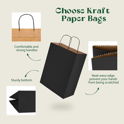 MESHA Black Gift Paper Bags 10x5x13 Inches 50pcs Medium Gift Bag with Handles, Bulk Black Kraft Paper Bag for Small Business Shopping Bags for Grocery,Wedding Party Favor in Kuwait