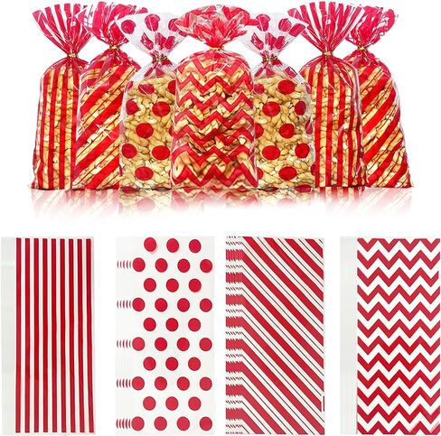 أكياس Red Cellophane علاج ، 100 Pack Polka Dot Stripes المطبوعة البلاستيك عيد الميلاد الحلوى جيدة الهدايا مع روابط تويست لحفلات الزفاف عيد ميلاد عيد الميلاد الاستحمام عيد الميلاد اللوازم اللوازم in Kuwait