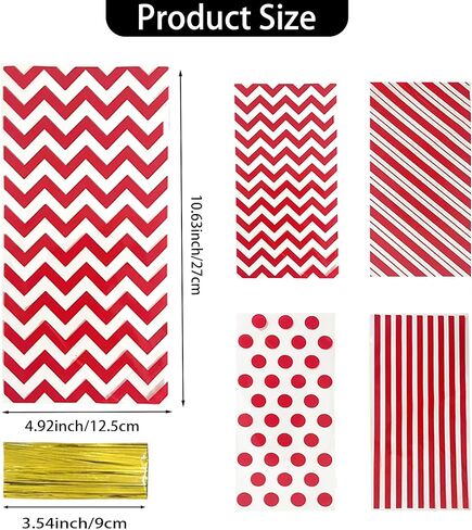 أكياس Red Cellophane علاج ، 100 Pack Polka Dot Stripes المطبوعة البلاستيك عيد الميلاد الحلوى جيدة الهدايا مع روابط تويست لحفلات الزفاف عيد ميلاد عيد الميلاد الاستحمام عيد الميلاد اللوازم اللوازم in Kuwait