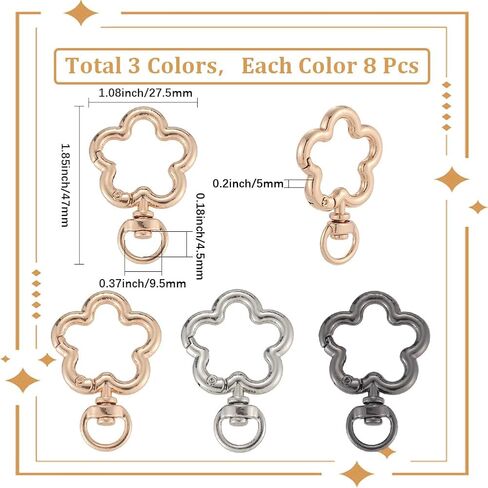 SUNNYCLUE 1 Box 24Pcs Flower Keychain Clasp Swivel Snap Key Chain Bulk Gold Silver Metal Cute Blossom Spring Snap Lobster Claw Hook for Keyring Craft DIY Bags Supplies Party Wedding Favor Women Adult in Saudi Arabia